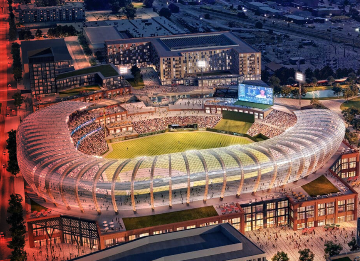 Aerial rendering of new ballpark in Fairpark district